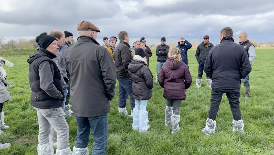 Un groupe d'agriculteurs dans une prairie lors d'un tour de plaine organisé chez Denis Coquelet, à Camphin-en-Pévèle (France).